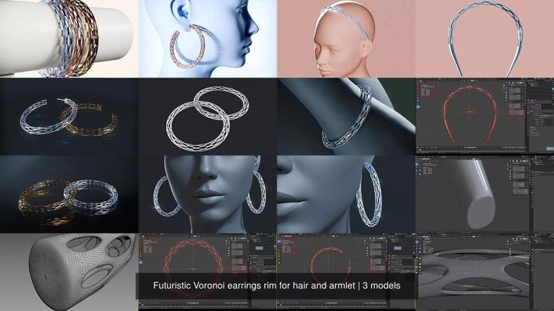 Futuristic Voronoi earrings rim for hair and armlet 3D Model Collection