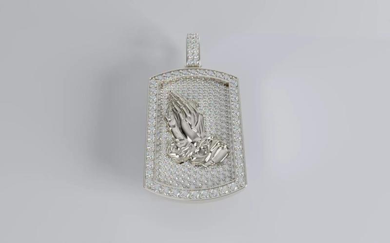 Praying Hands Dogtag Pendant - Round Diamond Back - Small