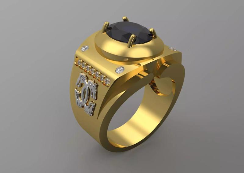 Two-tone gold man ring with diamonds and sapphires model mr0011