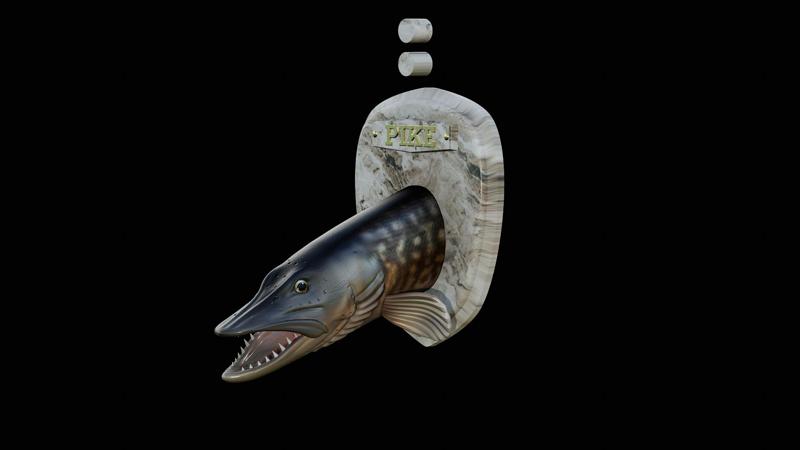 fish head trophy Northern pike / Esox lucius open mouth oblique statue detailed texture for 3d printing