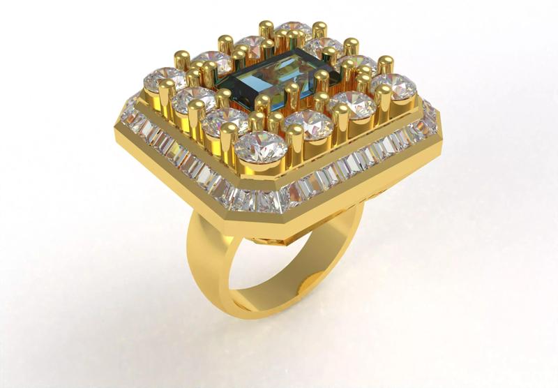 Baguette Stone Round Diamond Halo Ring