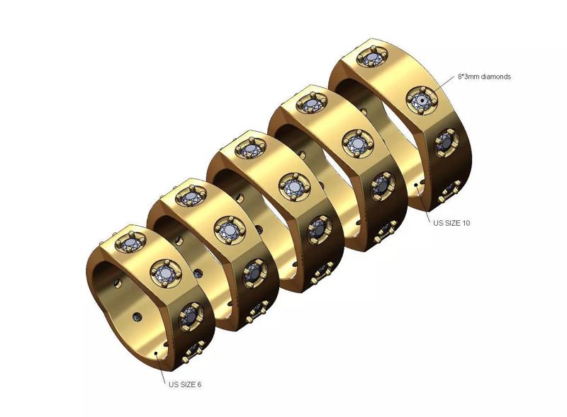 Double diamond rounded carved sides square ring US sizes 6to10