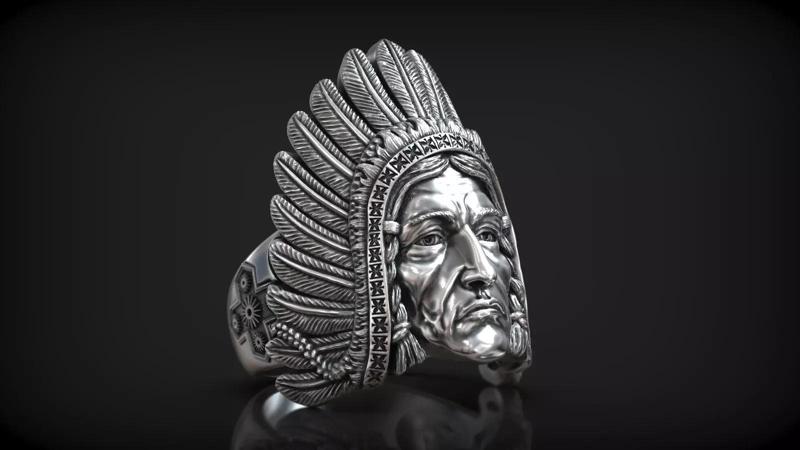 Native American Indian Chief Head Roach Feathers Ring