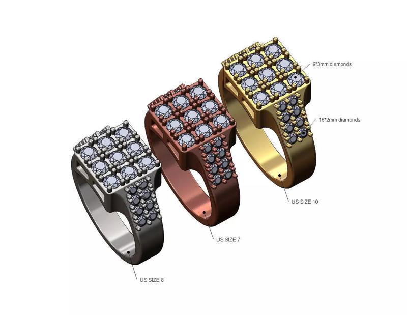 Iced diamond top and sides square signet ring US sizes 7 8 9