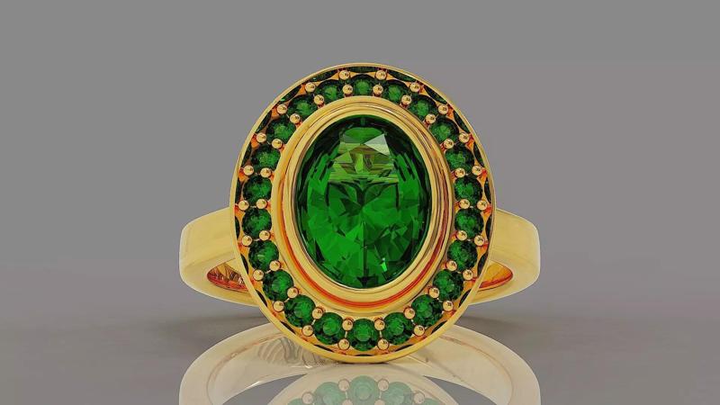 Cathedral style bezel set oval shape diamond halo ring