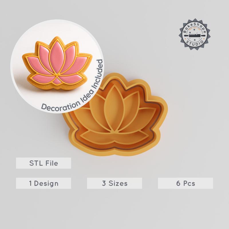 Lotus Shape Cutter & Stamp Set, Sacred Flower Cookie & Fondant Decor Tool, 3 Sizes, 6 Pieces