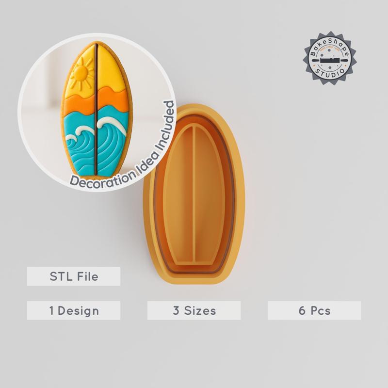 Surfboard Shape Cutter & Stamp, Cookie & Fondant Decor, Summer Beach Surfing, 6-Piece Set, S/M/L Sizes
