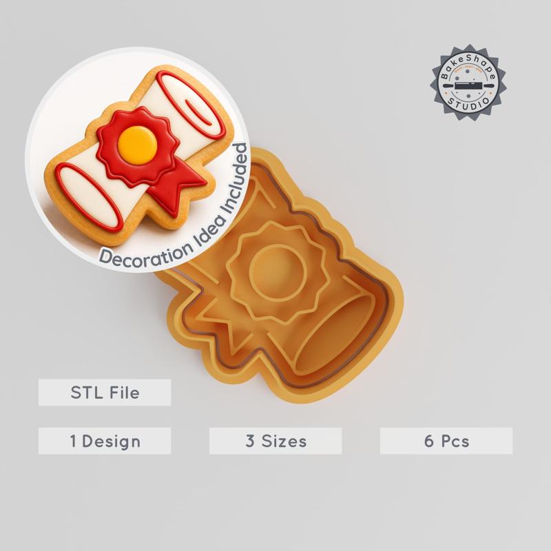 Diploma Cookie Cutter & Stamp, 6-Piece Set, Graduation Scroll, Academic Award, Education, 3 Sizes, S/M/L, Baking Fondant Tool