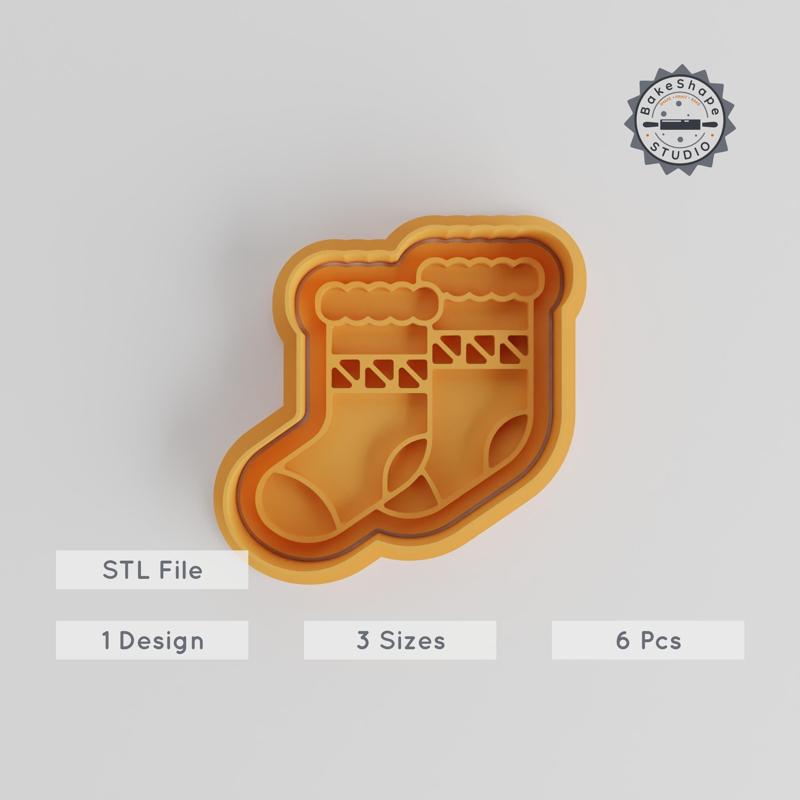 Sock Shape Cutter & Stamp for Cookies & Fondant, Christmas Stocking, Festive Baking Set, 3 Sizes, 6 Pieces