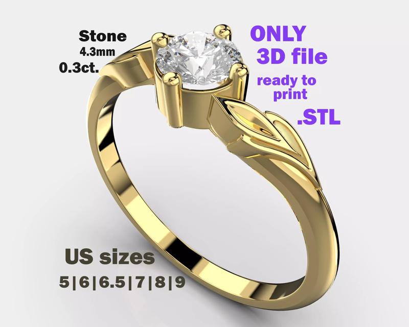 PRINTABLE WOMAN S SOLITAIRE RING leafs stone 03ct
