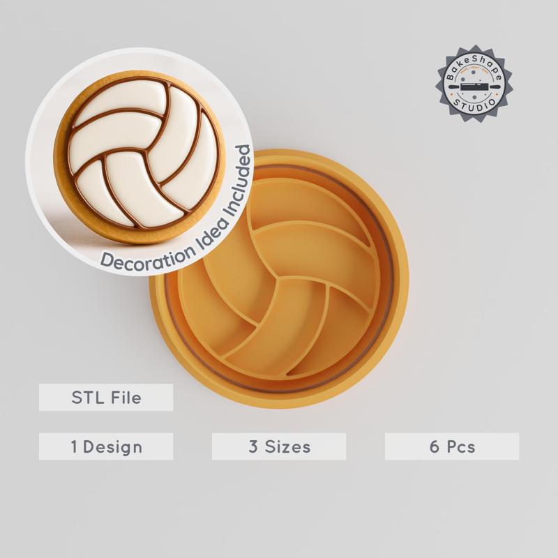 Volleyball Shape Cutter & Stamp Set, Cookie & Fondant Molds, Sport Ball Designs, 3 Sizes S/M/L, 6 Pieces