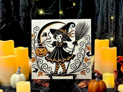 “Moonlit Magic” – Classic Halloween - Witch 1 - Vintage Witch Girl Hueforge Halloween Art Piece   