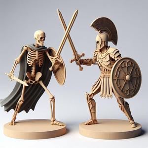 93 Battle of the Skeletons Figure vs Warrior Battle - Full Figure 3D Printed Wooden Statue, fantasy, art, sculpture, model, animal, 3d model, statue, creature, magic, 3d print, collectible, cat, bear, dinosaur, wood, dragon, sword, base, warrior