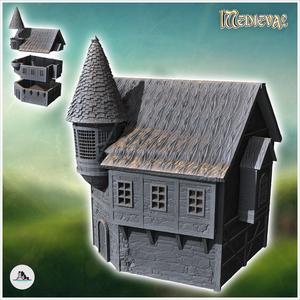 Medieval house with round corner tower and thatched roof (32) - Medieval Middle Earth Age 28mm 15mm RPG Shire
