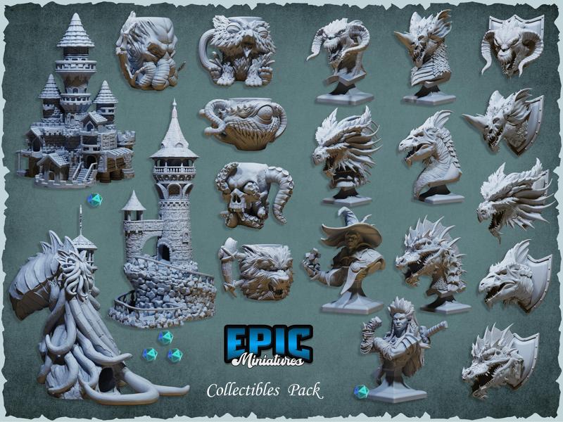 Epic Collectibles Pack (20 Models) / Busts & Mugs Set / Dice Tower & Wall Trophy Collection / Pre-Supported