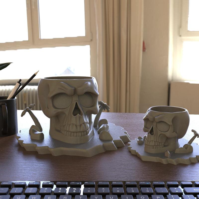 Skull-Themed Multifunctional Pen Holder / Planter / Storage Box – with Tropical Palm Trees!