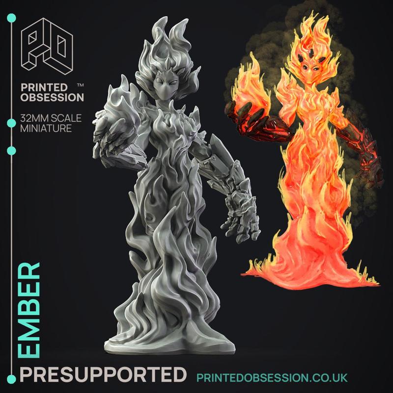 Ember - Fire Elemental -  PRESUPPORTED - Illustrated and Stats - 32mm scale