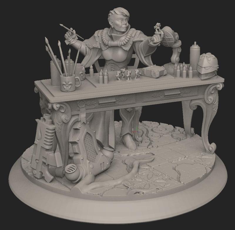 Presupported Battle nun painting a miniature of a space knight