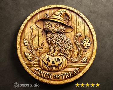 Cat Trick or Treat Relief High Detail 3D Model: CNC Laser & 3D Print STL File + 4K TIF Grayscale Image