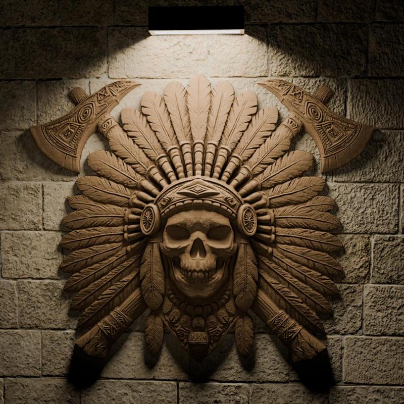 3D STL Design | Native American Warrior Skull with Headdress Bas-Relief | CNC Routers | 3D Printing