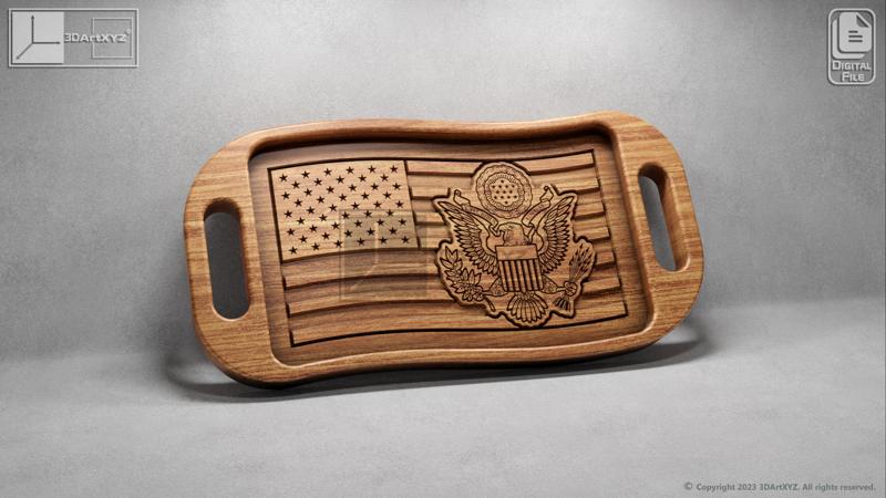 US Wavy Flag Army Seal Tray With Handles - CNC Files for Wood (svg, dxf, eps, ai, pdf)