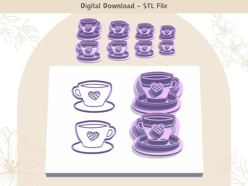 Tea Cup Mirror Pair Clay Cutter for Polymer Clay | Digital STL File | Clay Tools | 4 Sizes Summer Clay Cutters, 2 Cutter Versions