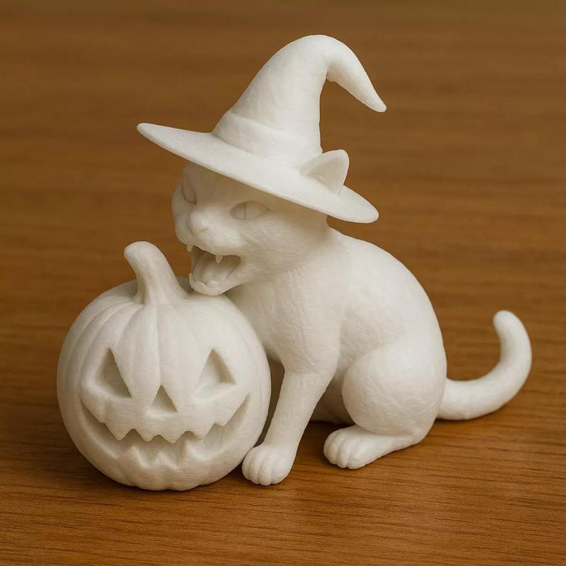 Witch Cat Biting Pumpkin