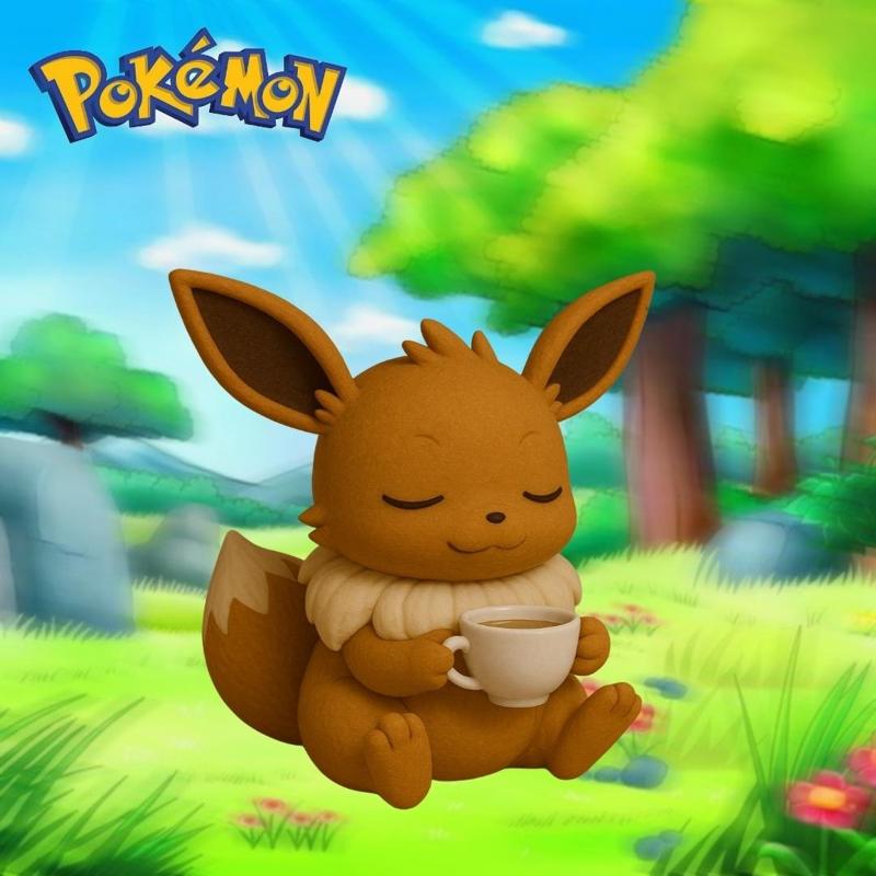 Chibi Eevee Drinking Tea - Cute Relaxed Pokémon 3D Print Figure