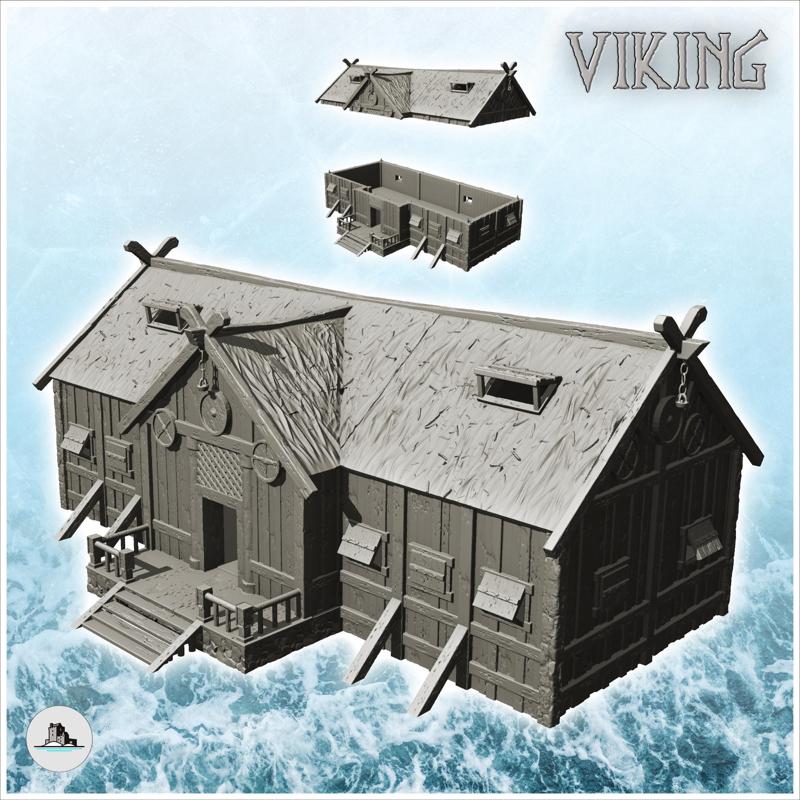Wooden Viking building with access stairs and pediment chain (16) - North Northern Norse Nordic Saga 28mm 15mm