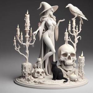 379 Elegant Witch with Candles, Raven, and Black Cat - Full-Body Figurine, magic, collectible, creature, dinosaur, sculpture, bear, bear, monkey, witch, fairy, knight, cat, fantasy, art, viking, dragon