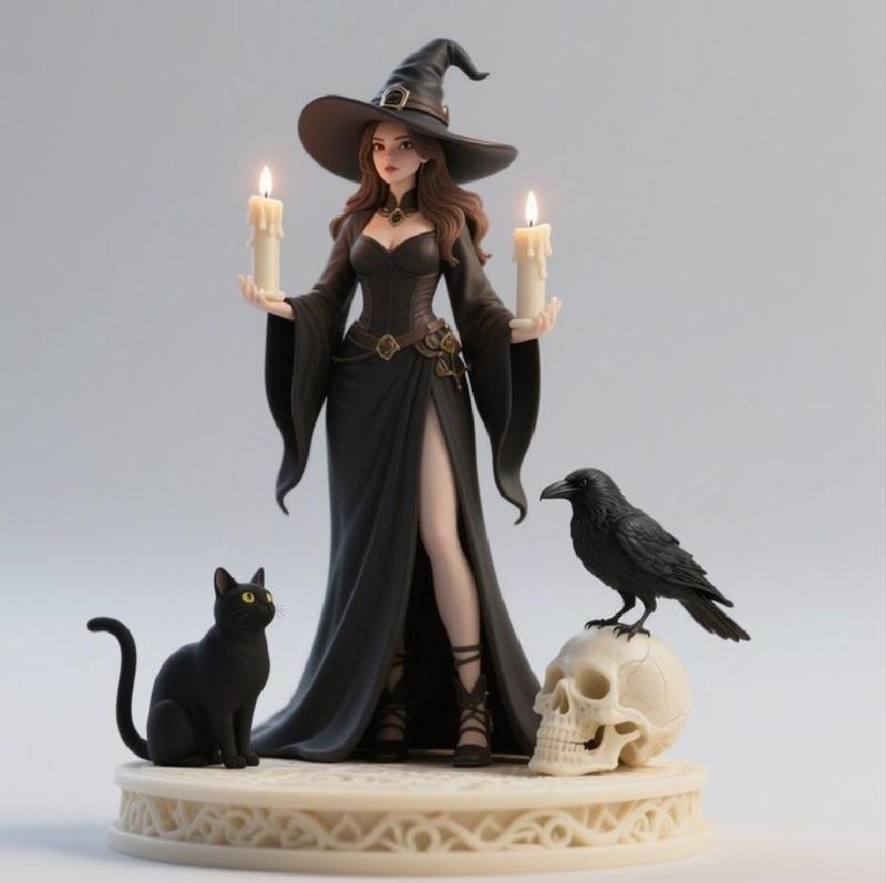 366 Elegant Black Witch with Candles, Black Raven, and Black Cat - Full-Body Figurine, art, sculpture, model, animal, 3d model, statue, creature, magic, 3d print, collectible, wood, sword, base, warrior, wild, low poly, lion, monkey