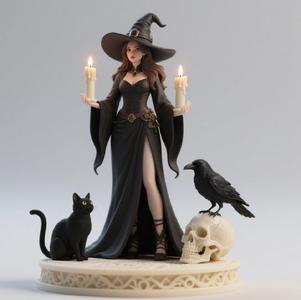 366 Elegant Black Witch with Candles, Black Raven, and Black Cat - Full-Body Figurine, art, sculpture, model, animal, 3d model, statue, creature, magic, 3d print, collectible, wood, sword, base, warrior, wild, low poly, lion, monkey