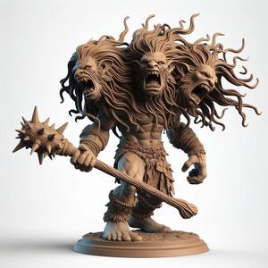 157 Three-Headed Troll - 3D-Printed Fantasy Statue with Club, character, monster, fantasy, art, sculpture, model, animal, 3d model, statue, creature, magic, 3d print, collectible, cat, wood, dragon, sword, base, warrior, wild, dog