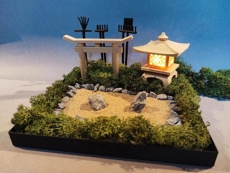 Zen Garden with gate, lamp and tools