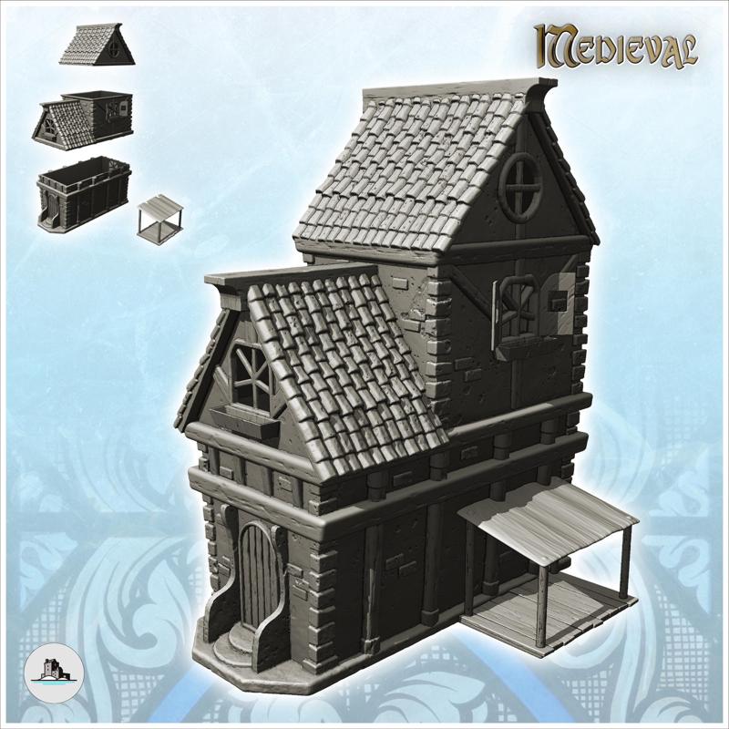 Large medieval house with tiled roof and side awning (1) - Medieval Gothic Feudal Old Archaic Saga 28mm 15mm RPG