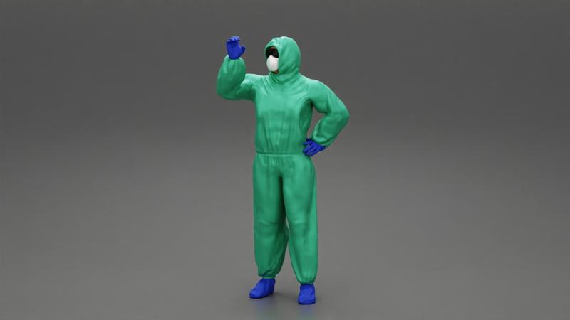 Man wearing antivirus suit standing and holding