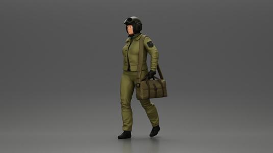 Pilot Woman Walking with Military Helmet and Emergency Shoulder Bag