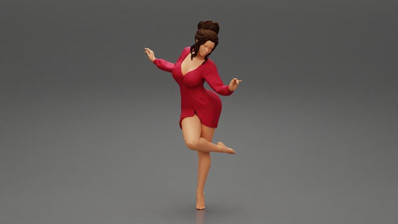 Happy Young Woman in Summer Dress standing in one leg