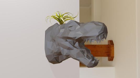 trex tyrannosaurus head wall mount planter pot flower vase low polystl