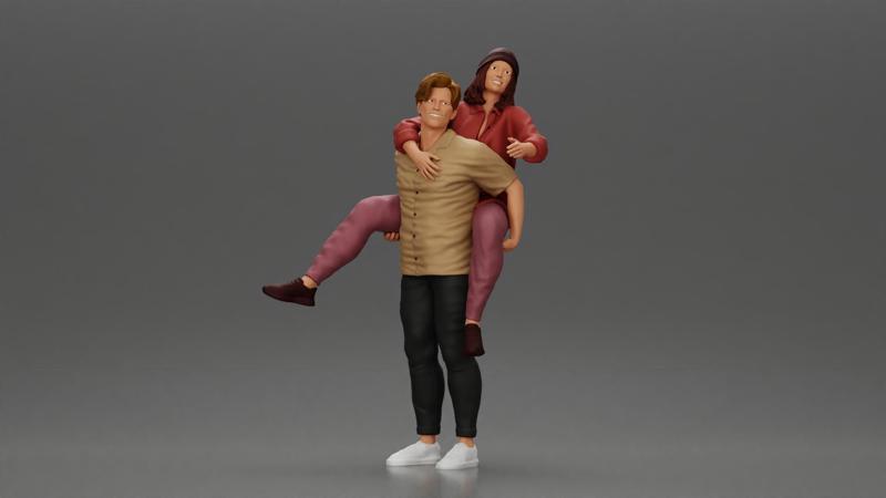 handsome, happy man in a shirt is pulling his girlfriend in hat and open shirt