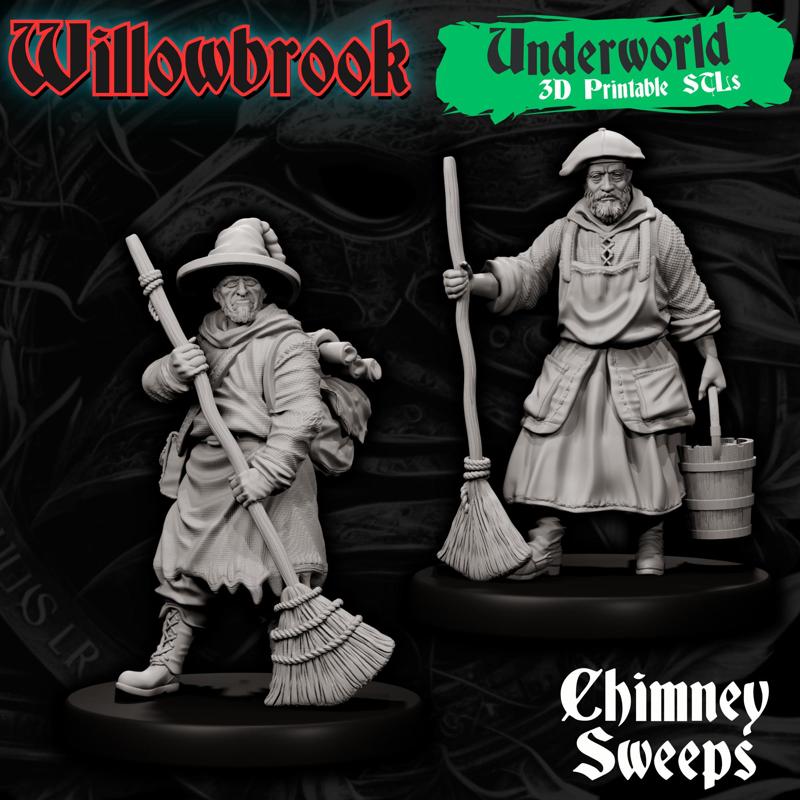 Willowbrook Chimney Sweeps – 2 Grimy NPCs with Brushes & Buckets | Underworld STL Miniatures (28mm Scale)
