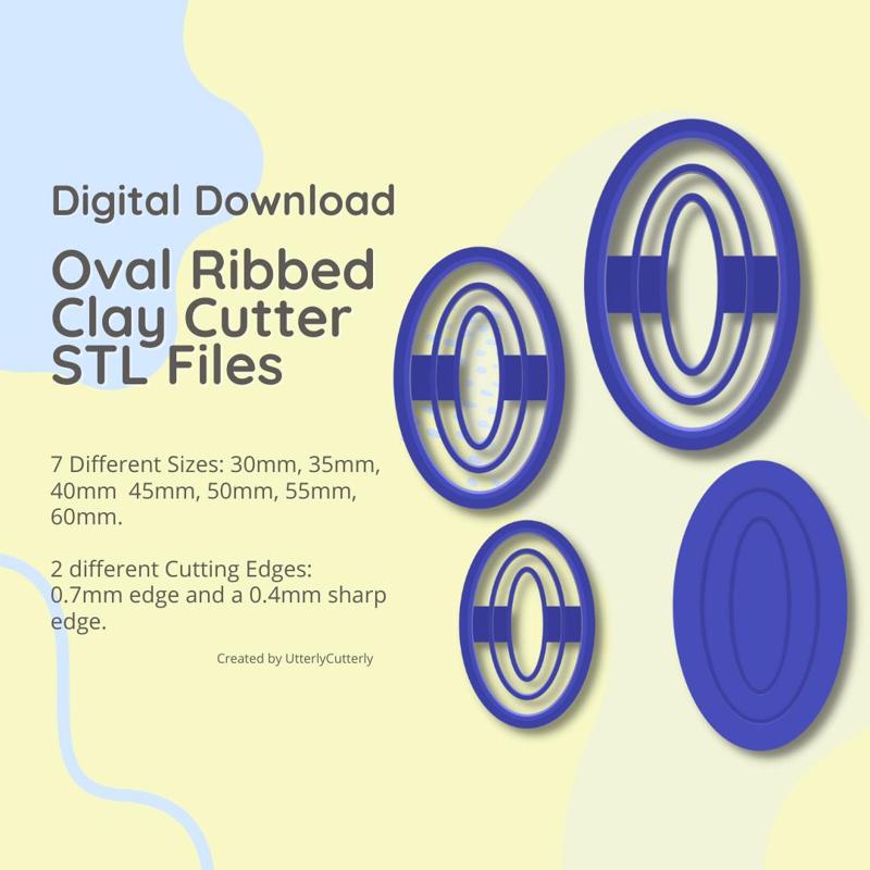 Ribbed Lined Oval Debossed Clay Cutter - STL Digital File Download- 6 sizes and 2 Cutter Versions