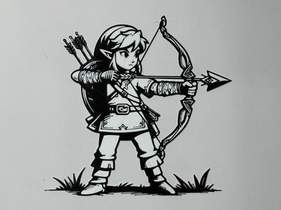 Link (Zelda) wall art with bow in black and white