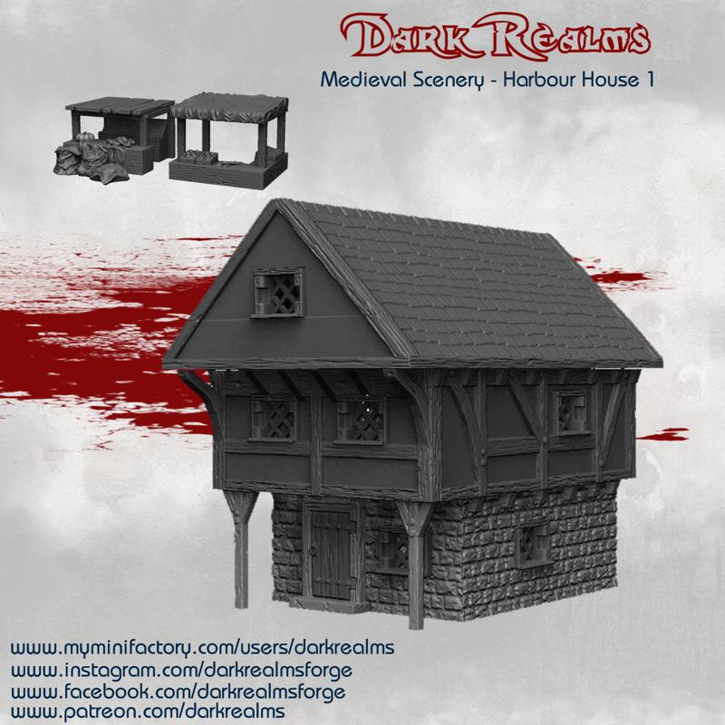 Dark Realms Medieval Scenery - Harbour House & Market Stalls
