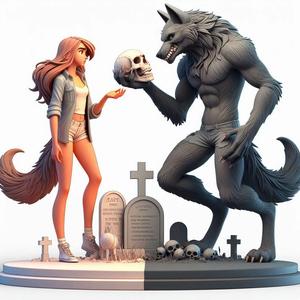 1295 Colorful 3D Model of Confused Werewolf and Brave Girl on Base, magic, creature, fantasy, wood, gnome, gorgon, warrior, wild, fox, monster, cat, dog, fair, witch, werewolf, horror, beast, gothic, troll