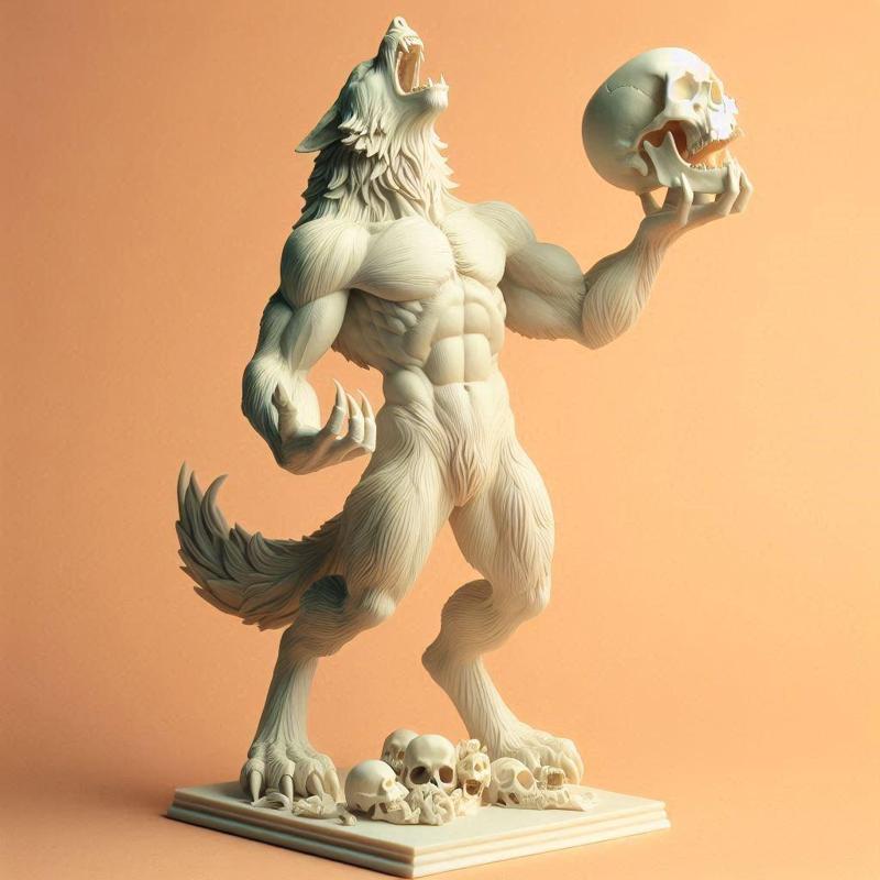 685 Ivory Werewolf Howling with Skull - 3D Model, magic, collectible, creature, dinosaur, sculpture, bear, troll, monkey, witch, club, werewolf, serpent, cat, fantasy, fair