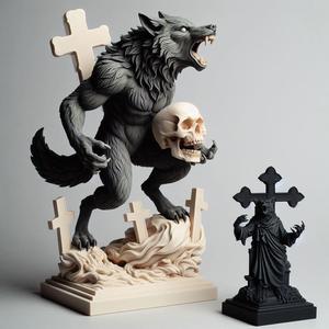 871 Ivory Werewolf Howling with Skull - 3D Model, magic, creature, fantasy, wood, base, sword, warrior, wild, cat, monster, dog, godzilla, fair, witch, werewolf, horror, beast, gothic, troll