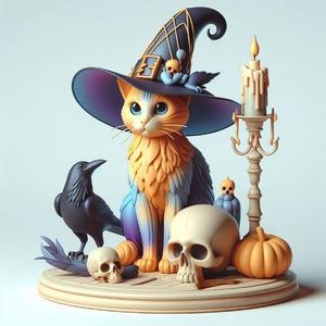 894 Witch Cat Composition - Skull, Raven & Candleholder on Shared Ivory Base, magic, creature, fantasy, wood, base, sword, warrior, wild, fox, monster, dog, godzilla, fair, witch, werewolf, horror, beast, gothic, troll