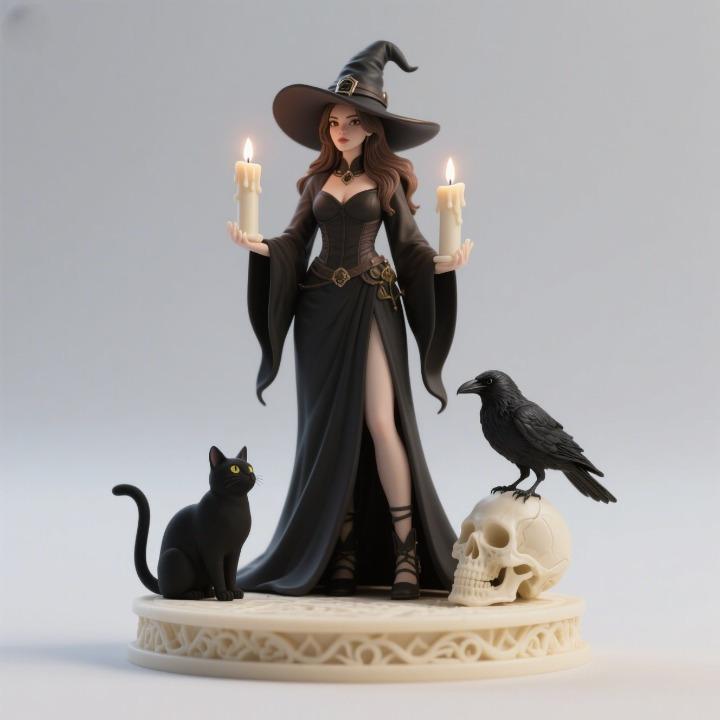 1152 Black Witch with Cat - Monster and Raven - COLORFUL 3D Figurine, magic, creature, fantasy, wood, gnome, gorgon, warrior, wild, fox, monster, cat, dog, fair, witch, werewolf, horror, beast, gothic, troll