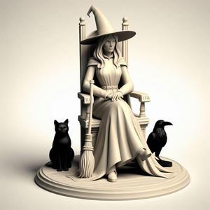 501 Ivory Witch on Chair with Cat and Raven - 3D Figurine, magic, creature, fantasy, wood, gnome, gorgon, warrior, wild, fox, monster, cat, dog, fair, witch, werewolf, horror, beast, gothic, troll